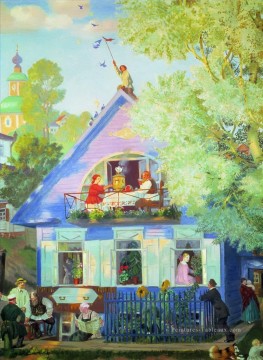 maison bleue 1920 Boris Mikhailovich Kustodiev scènes de ville de paysage urbain Peinture à l'huile